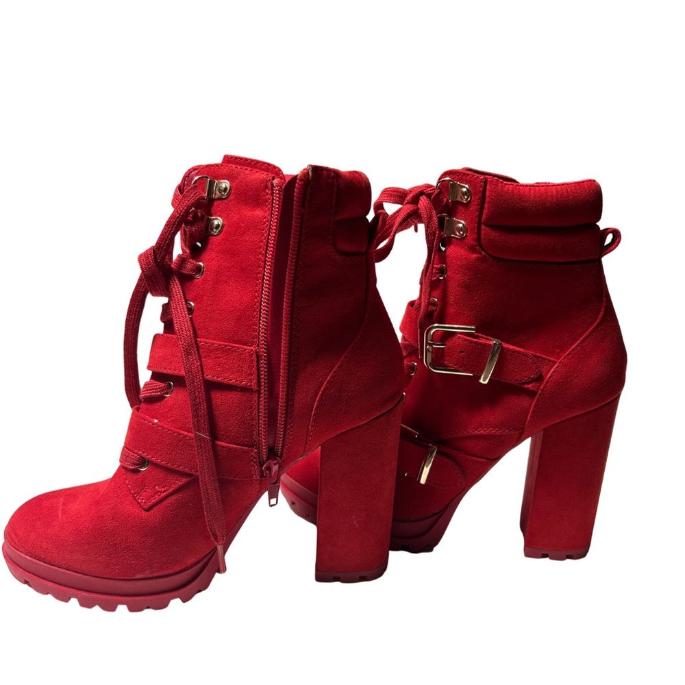 Red faux suede ankle platforms booties